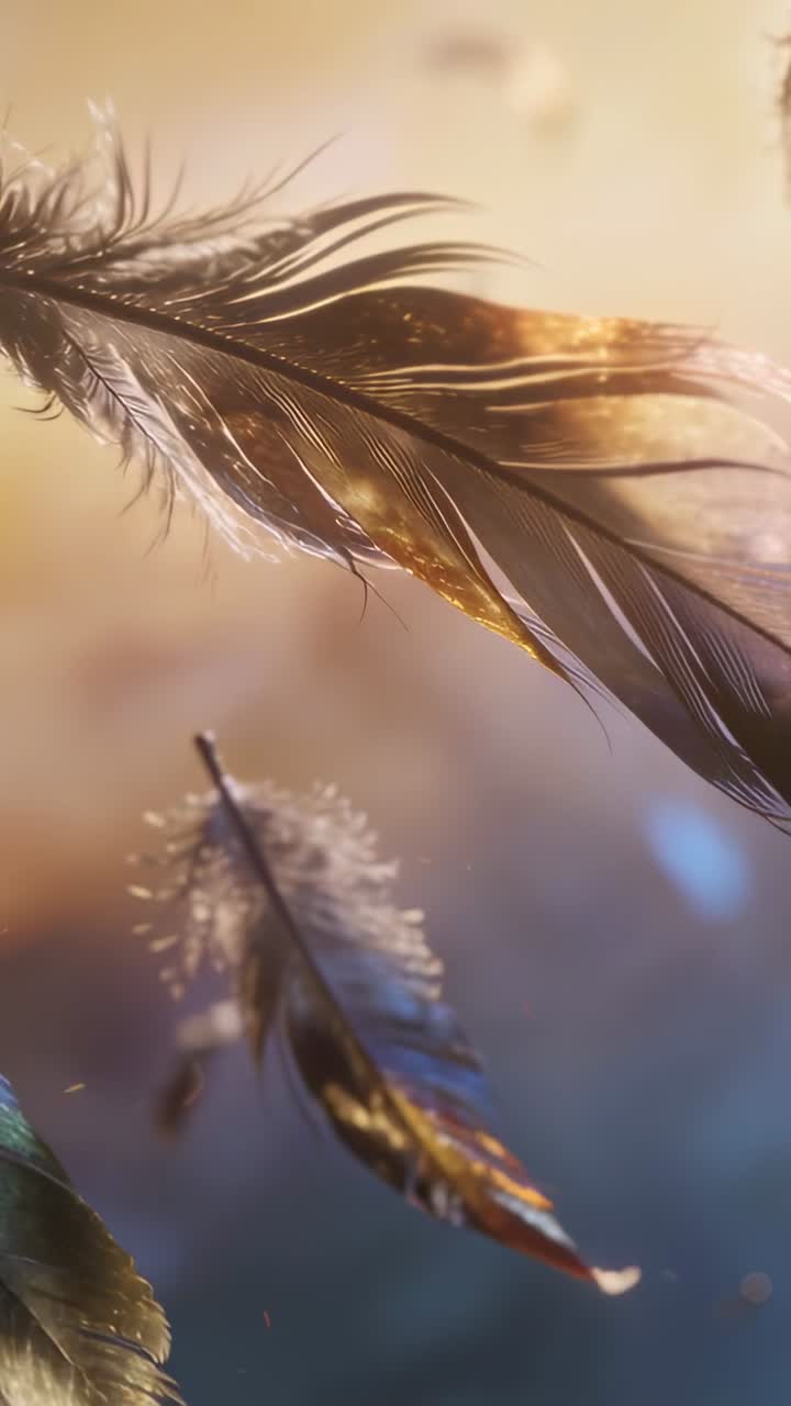 Lodret video: Svævende hovedfjeder roterer i studie efter en brise, lys fremhæver fjerstrålerne, små partikler