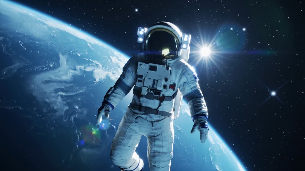 Astronauta a la deriva con traje EVA ajustando los brazos mientras la cámara panea, centrándose con el reflejo del visor PLSS.