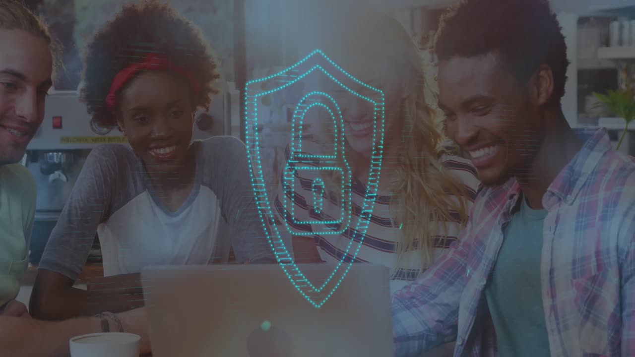 Animation of padlock over diverse friends using laptop