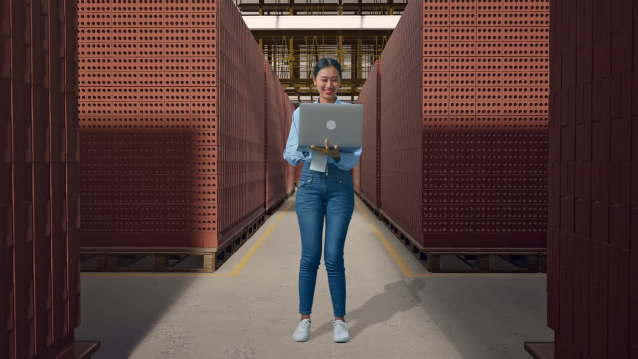 Full Body Of Asian Female With Her Laptop With Red Brick Packed in Stacks Are Stored, Working Continuously