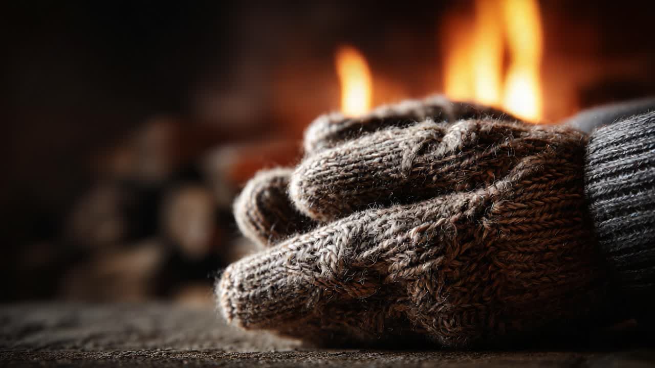 Cozy Warmth: A Close-Up of Handknit Gloves Resting by a Glowing Fireplace, Evoking Comfort on a Cold Winter Evening