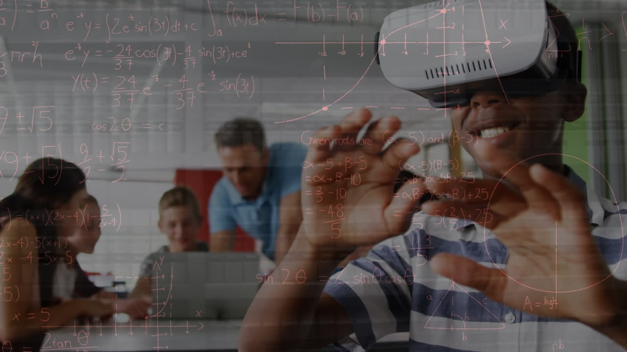 Animation of data processing over african american boy using vr headset