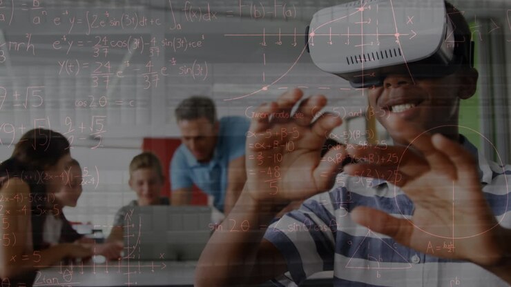 Animation of data processing over african american boy using vr headset
