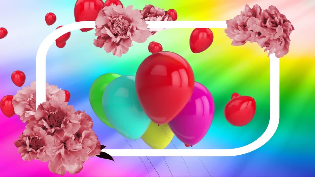 animación de una pancarta floral con espacio de copia sobre globos que flotan contra el fondo del arco iris.