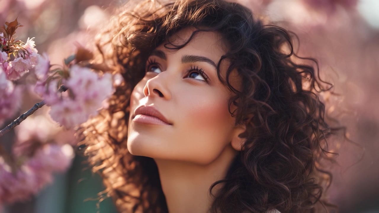 Ritratto Accattivante di una Giovane Donna Circondata da Alberi in Fiore, Irradiando Bellezza e Serenità in un'Ambientazione Primaverile Sognante con Morbida Luce Naturale