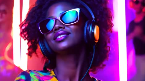 a woman wearing sunglasses and headphones in a nightclub