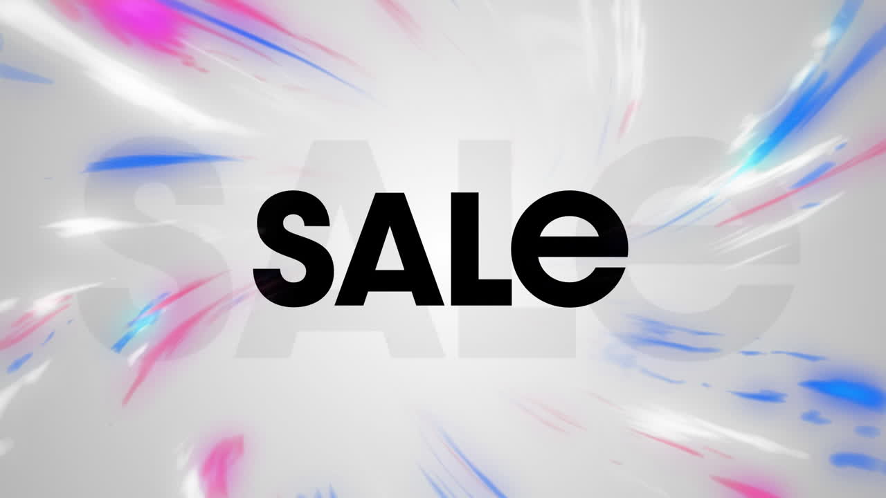 animación de texto de venta y formas sobre fondo blanco.