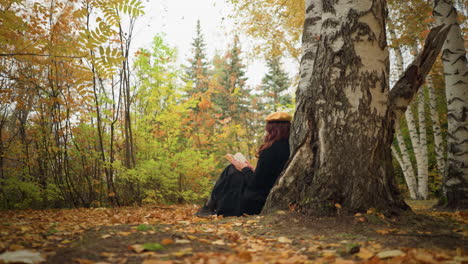 side view of lady reading book in peaceful solitude, leaning against tree, surrounded by golden autumn leaves and lush forest, she enjoys quiet retreat, immersing herself in literature