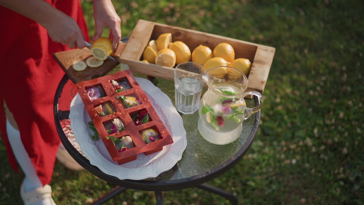 Tavolo esterno con limoni e vassoio, padrona di casa in abito rosso che dispone fette di limone su uno stampo di crostata in silicone, brocca con acqua aromatizzata al limone e bicchiere, cassa di legno di limoni, sfondo di erba illuminata dal sole.