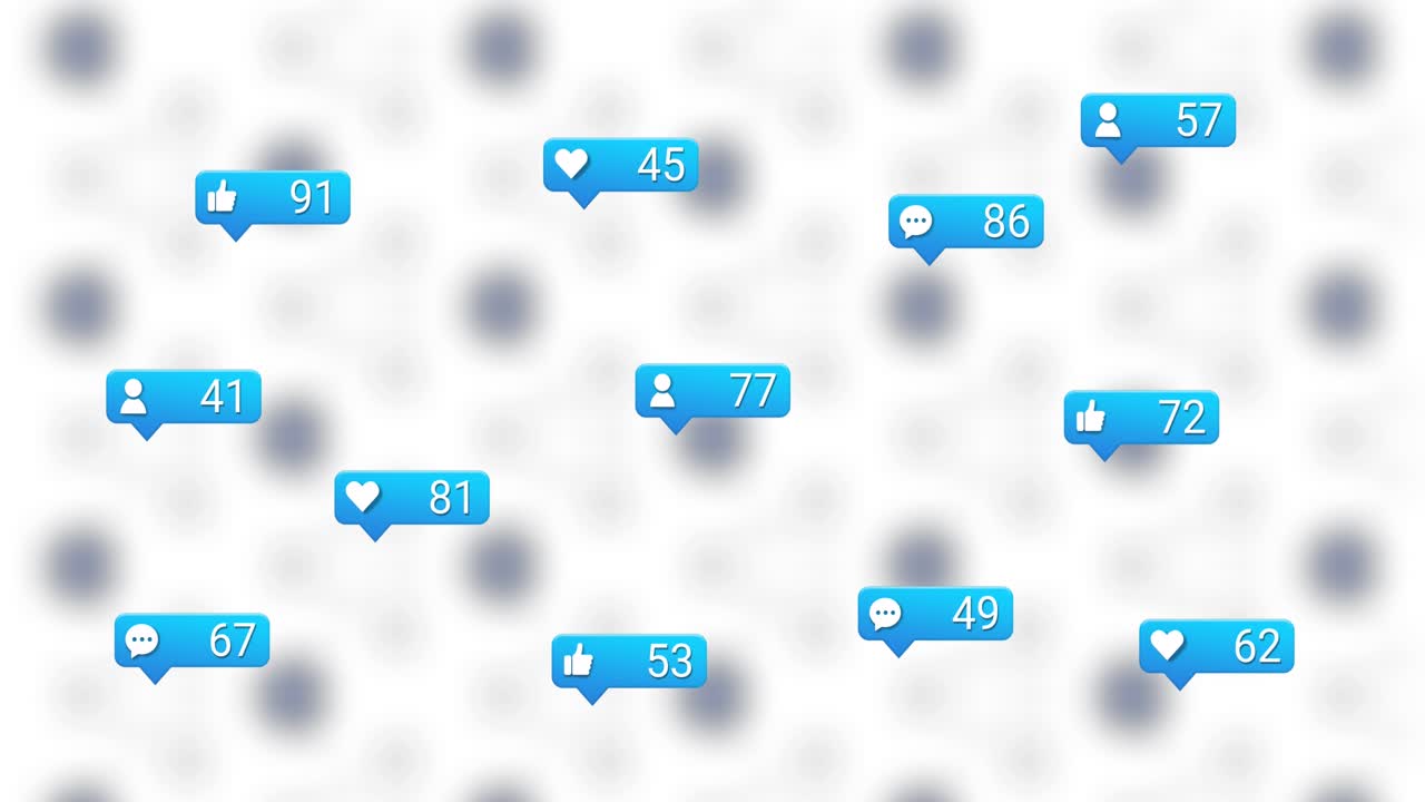 Animation of social media reactions over white background with blurred dots