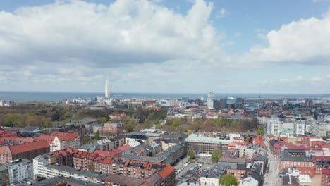 toma de drones de malmö con el torso girando en el horizonte