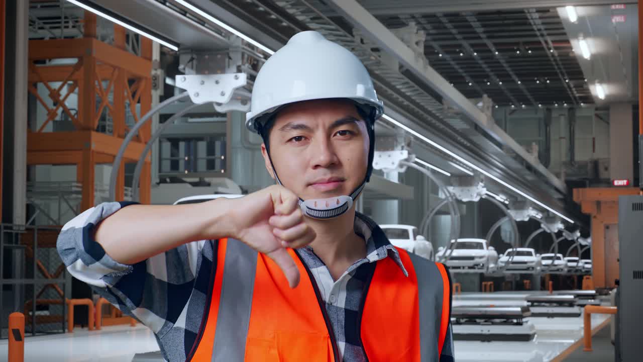 안전 헬을 착용한 아시아 남성 엔지니어가 엄지손가락을 아래로 휘두르고 머리를 흔들며 ev 자동차 공장에서 서 있습니다.