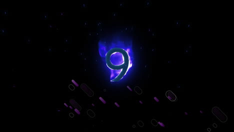 animation of purple flaming number 9, with purple fireworks, on black background