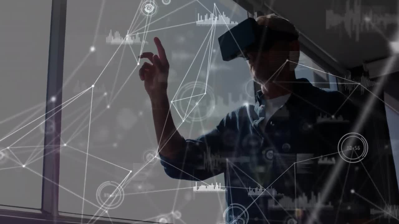 Animation of network of connections over man wearing vr headset