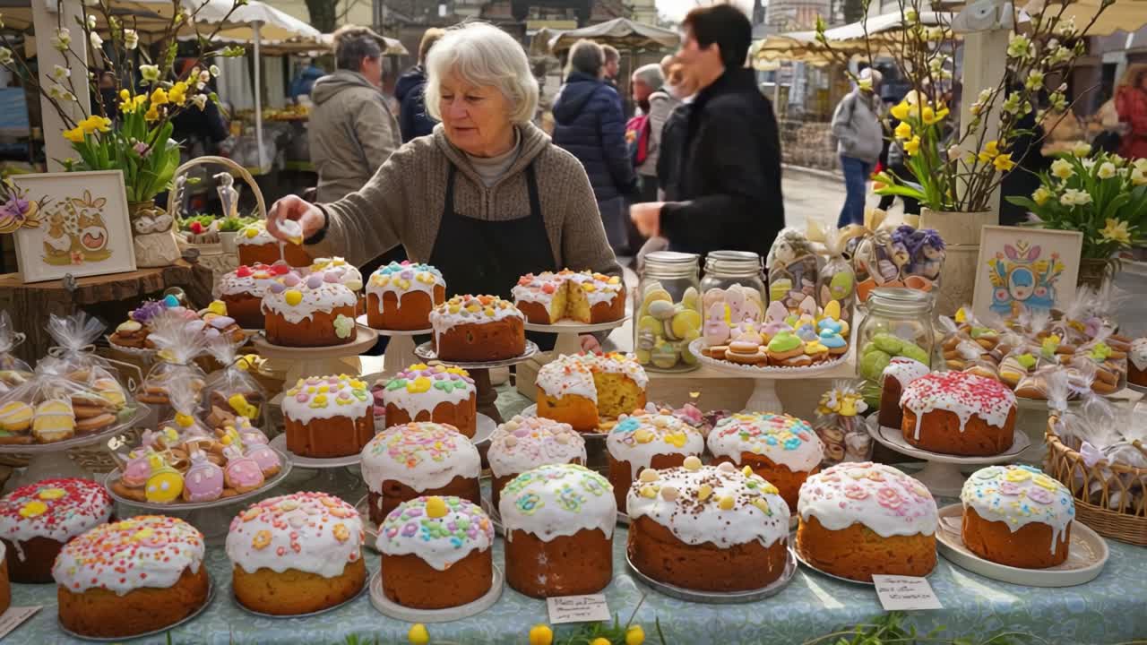 Delightful Spring Bakery Showcase Featuring Colorful Frosted Cakes and Sweet Treats at a Festive Market with a Joyful Baker Amidst a Crowd of Enthusiastic Visitors