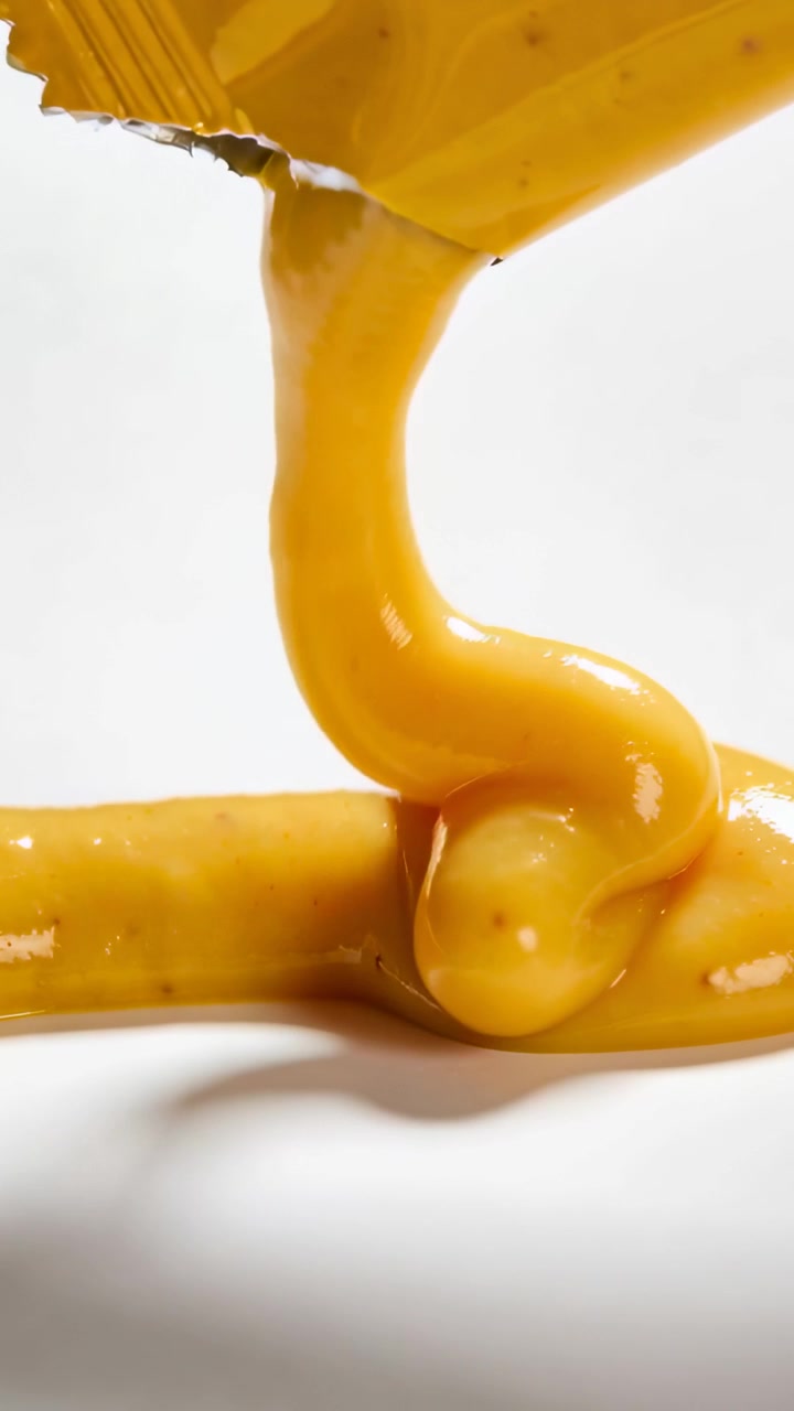 Vertical video: Squeezing torn sachet, golden sauce forming mound on white surface to show texture