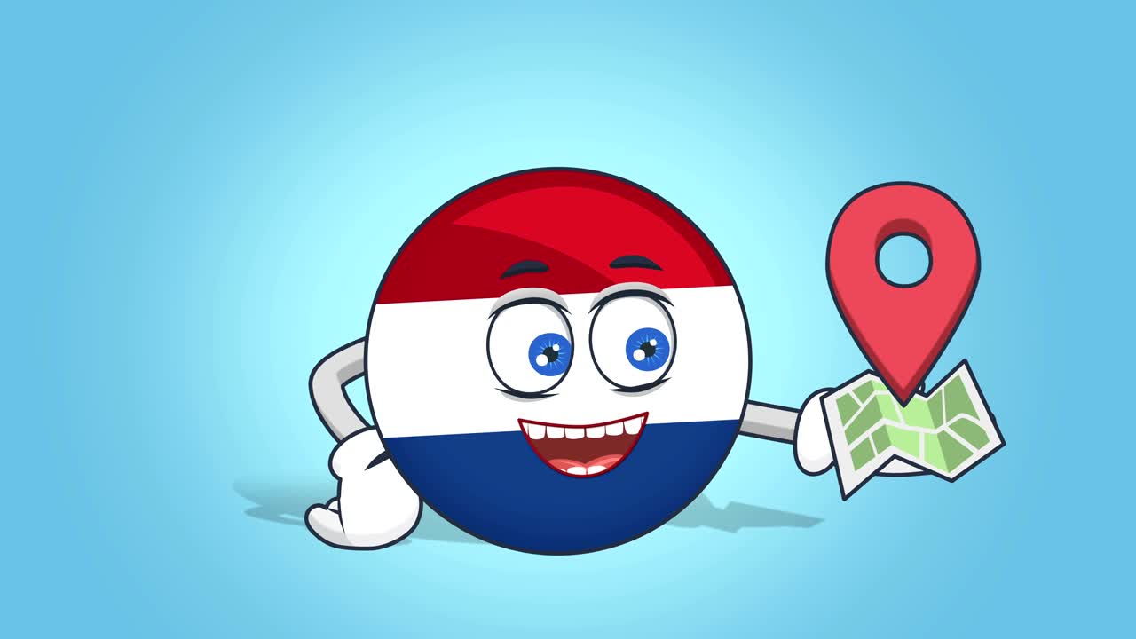 icono de dibujos animados bandera de los países bajos mapa de ubicación de holanda con animación facial con alfa mate