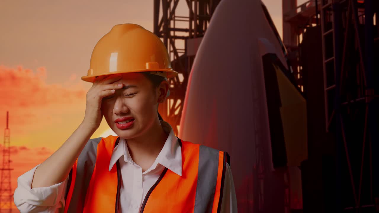 안전 헬을 입은 아시아 여성 엔지니어가 우주왕복선에서 일하는 동안 두통을 고 있습니다.