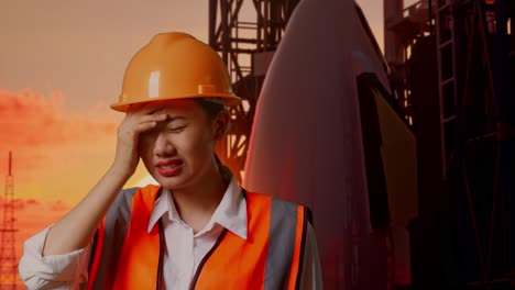 close up of asian female engineer with safety helmet having a headache while working with space shuttle, sunset time