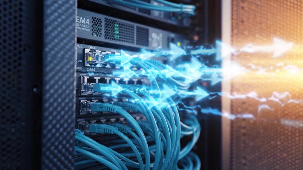 A Close-Up View of High-Speed Data Cables in a Modern Server Room Illustrating the Crucial Role of Connectivity in Technology Infrastructure Development.