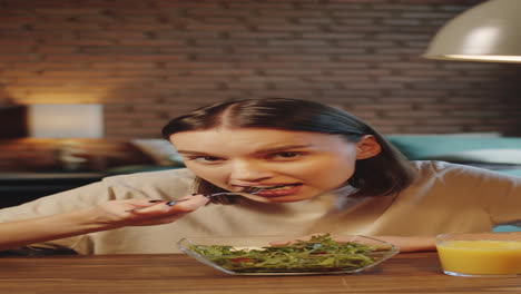 young woman eating lunch and talking on web call