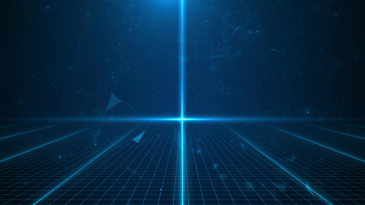 Blåt futuristisk gittergulv med lysende horisontglød, digitalt perspektiv og netværkspartikler