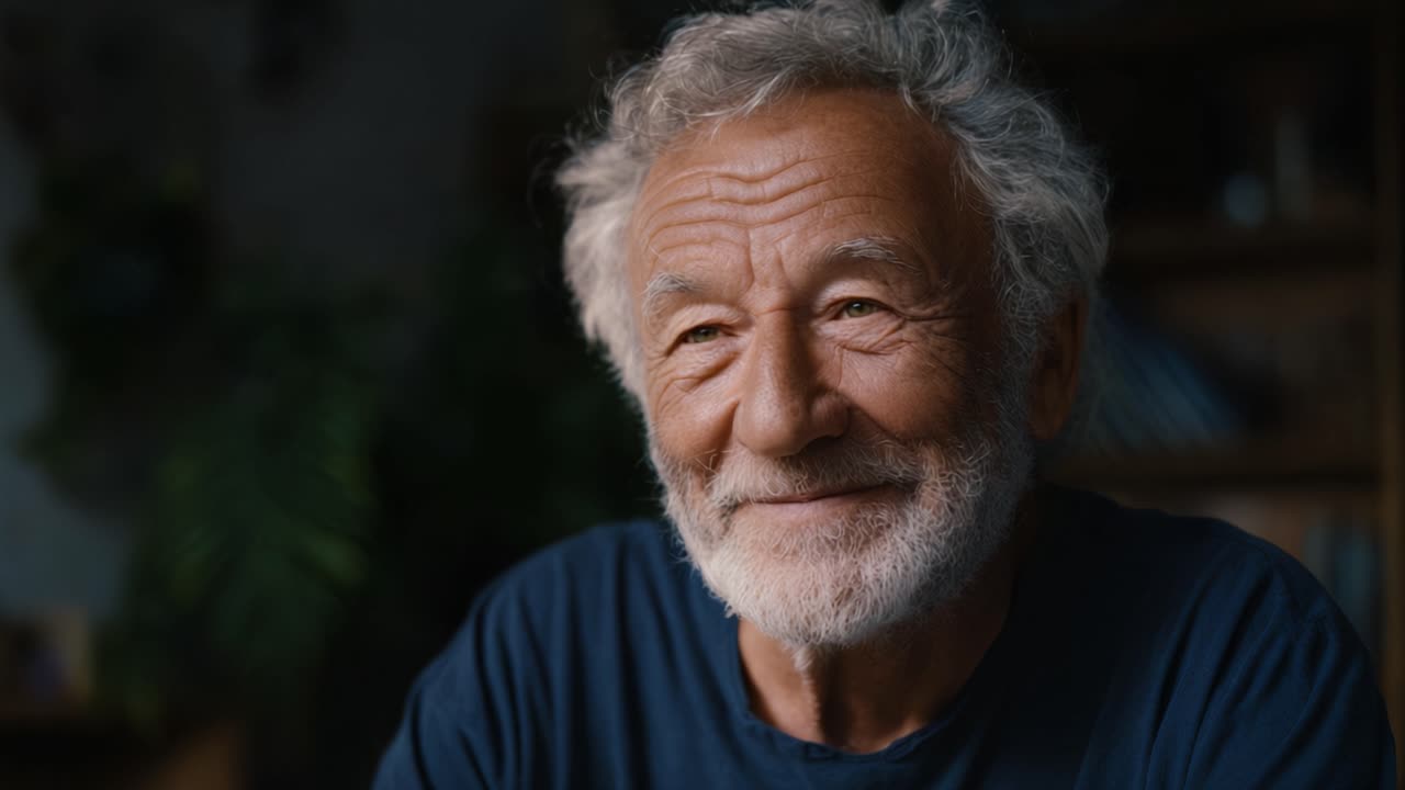 A Warm Smile: Capturing the Essence of Joy in Two Frames of an Elderly Man's Heartwarming Presence and Endearing Expression in a Cozy Setting