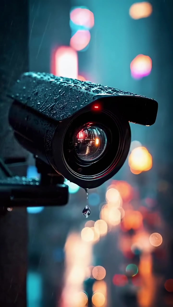 Primo Piano di una Telecamera di Sicurezza sotto la Pioggia di Notte con Luci della Città