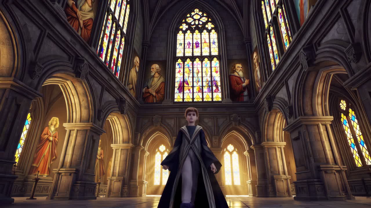 A young student in a grand gothic cathedral