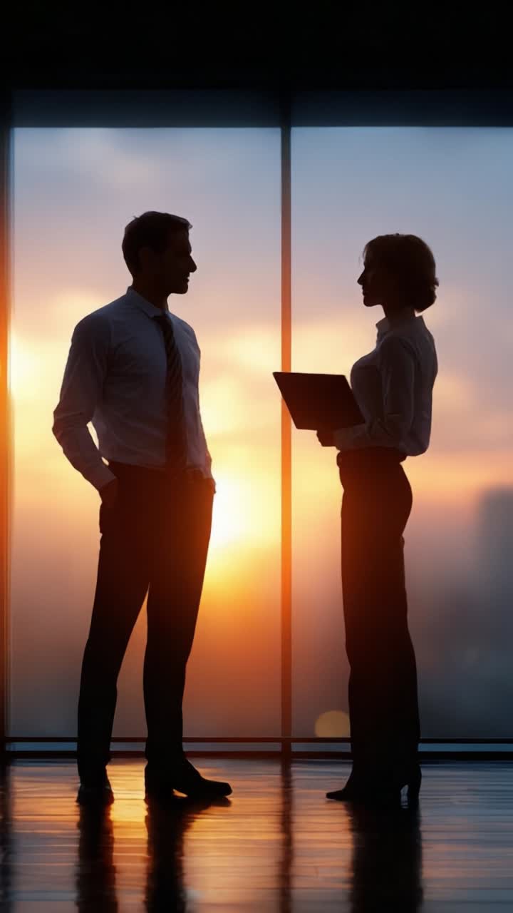 Interazione professionale al tramonto: un momento di collaborazione tra due persone in silhouette sullo sfondo di un bellissimo cielo arancione e giallo