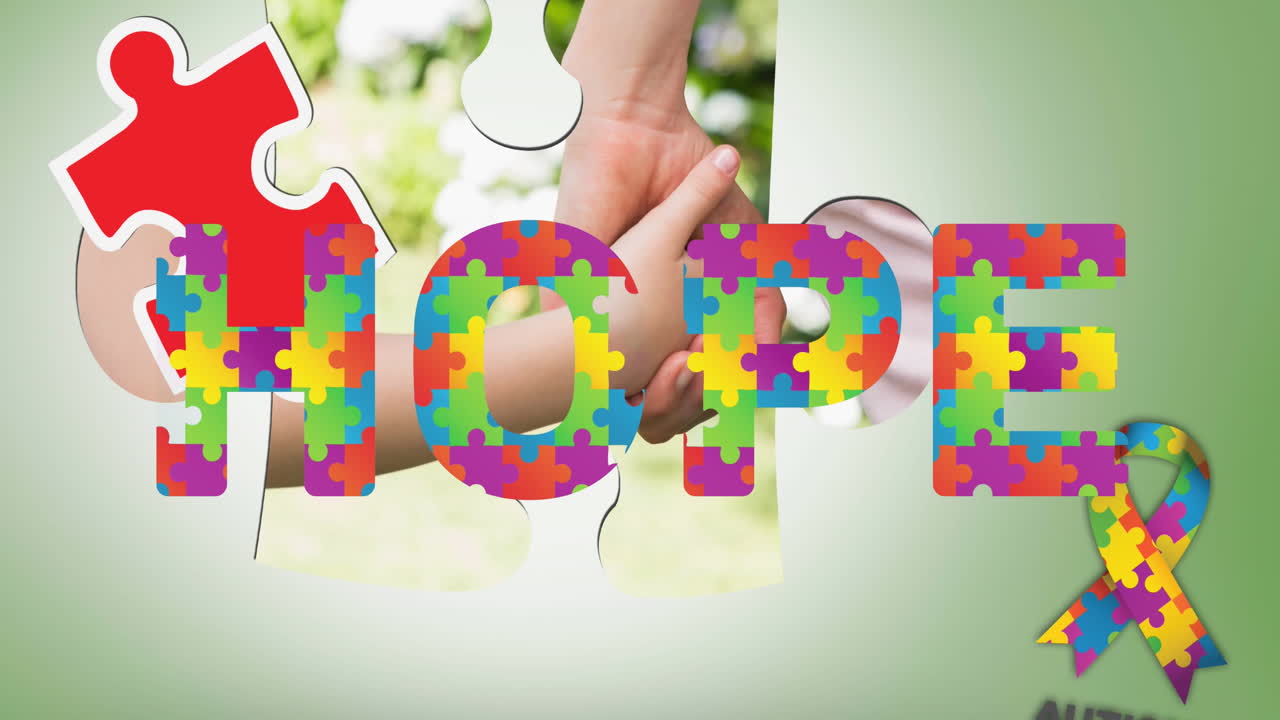 자폐증의 애니메이션 다채로운 퍼즐 조각을 형성하고 어머니와 자녀에 대한 희망 텍스트