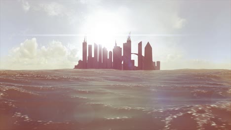 cityscape skyline ocean rising sea level silhouette skyscraper future island 4k