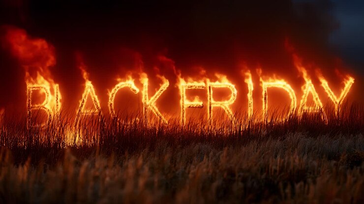 Spektakulær fremvisning av flammer som staver Black Friday, og skaper en intens atmosfære av handlehast og spenning med brennende bokstaver mot en mørk himmel