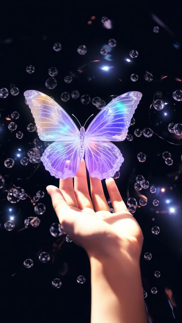 Un affascinante concept video di una farfalla luminosa su una mano, ripreso con angolazione dal basso.
