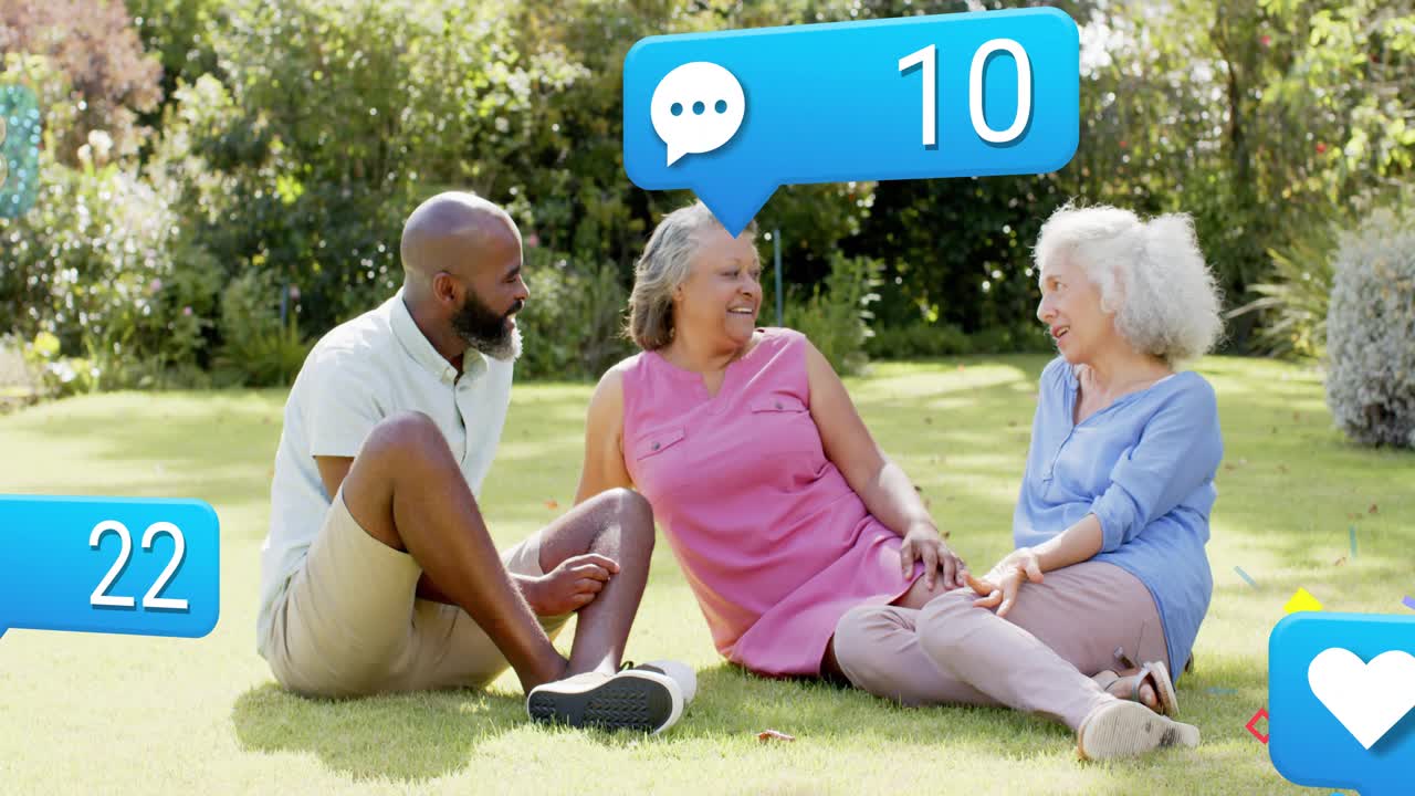 Trio sitting on lawn, talking and making social media bubbles floating over them, changing counts