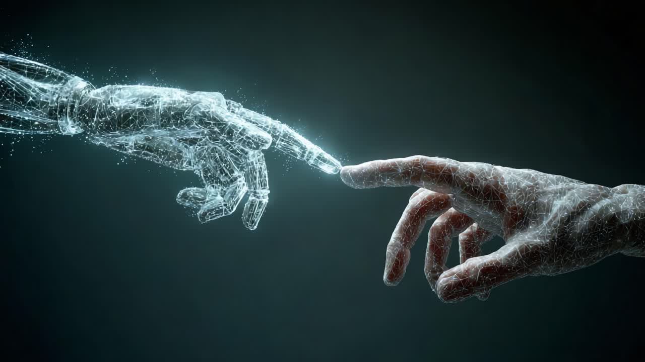 A Captivating Moment of Connection: The Intersection of Humanity and Technology as a Human Hand Reaches Out to a Futuristic Robotic Hand in a Stunning Visual Display