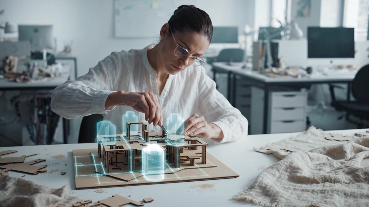 A designer carefully crafts a detailed architectural model, blending traditional techniques with modern digital overlays to visualize the construction process effectively.