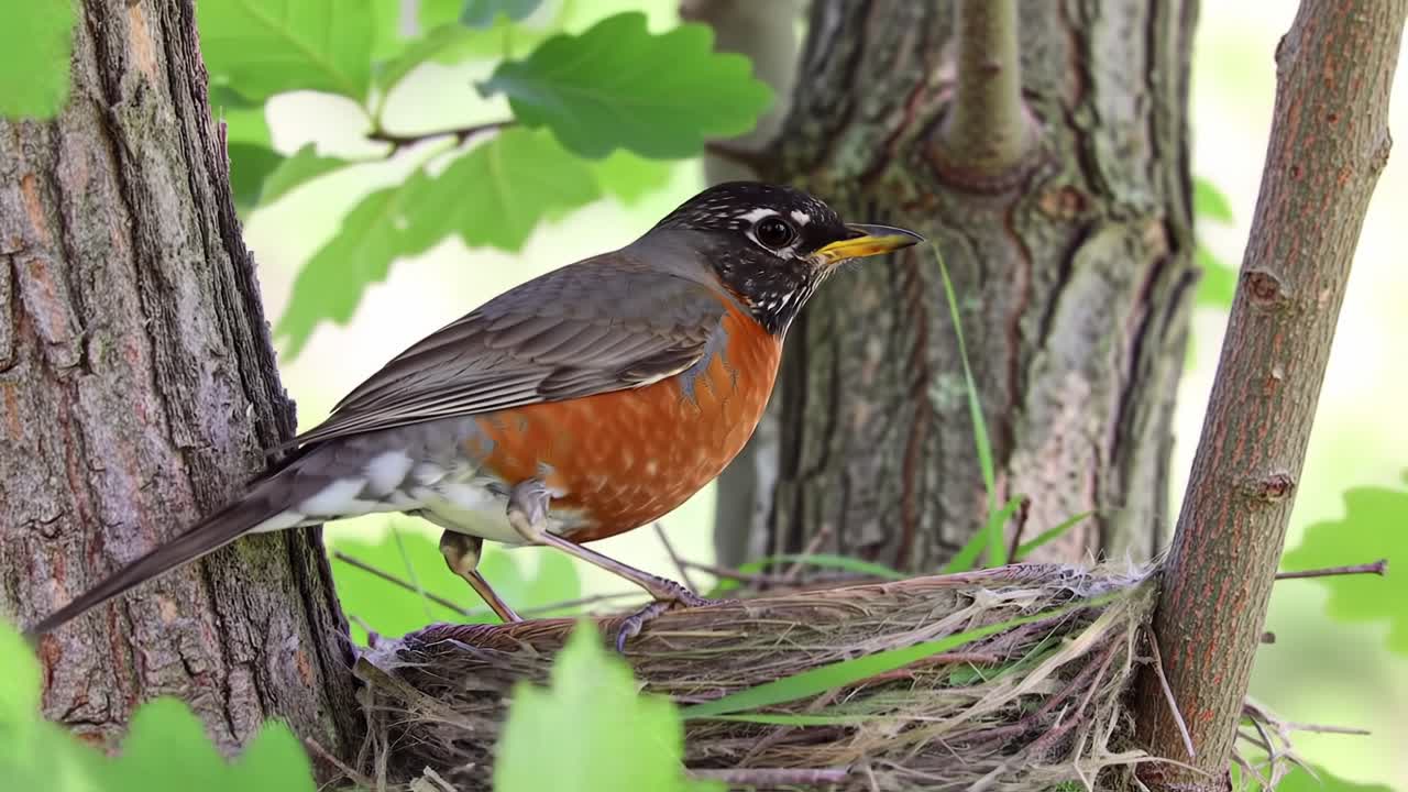 A Captivating Moment of a Robin Bird Nesting: Observing the Care and Attention of Nature's Beauty in a Lush Green Setting