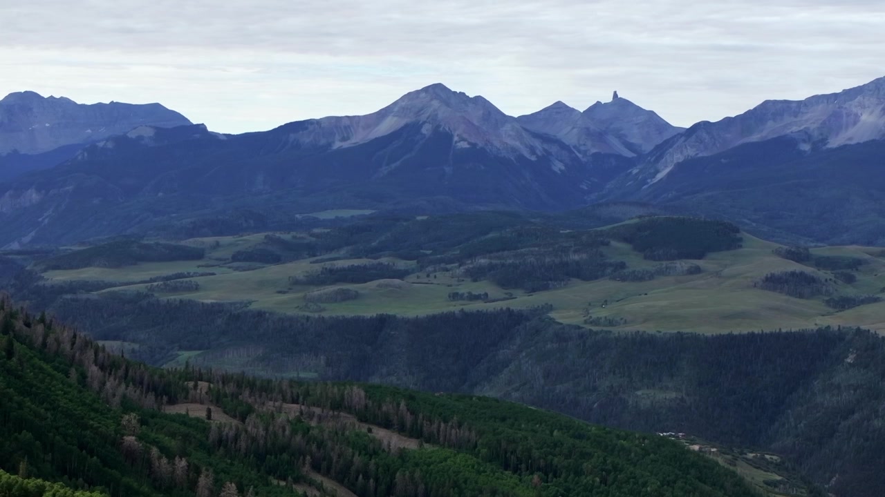 Summer Telluride Colorado aerial drone Last Dollar Road airport ski resort Lizard Head Wilson Peak Box Canyon landscape vista San Juan Rocky Mountains Range Uncompahgre Forest circle left motion