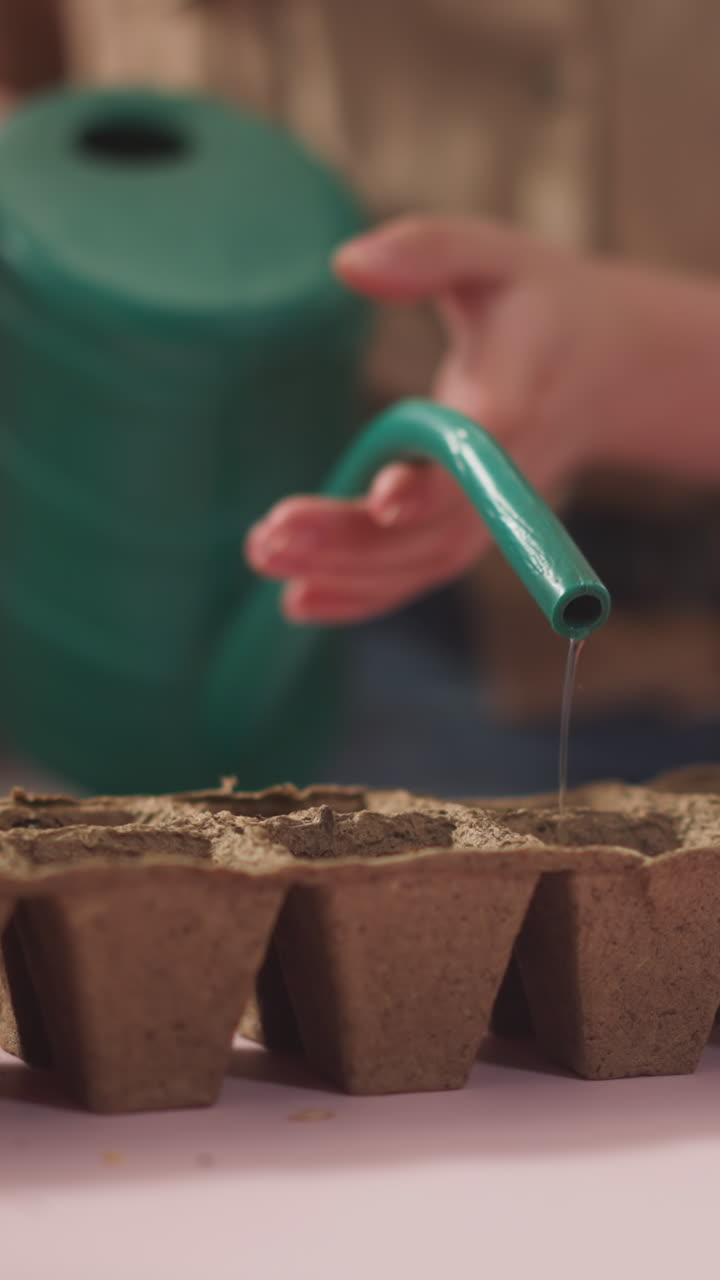 Woman waters seeds in seedling tray sitting near daughter at home closeup slow motion. Taking care of kitchen garden plants. Farm and horticulture