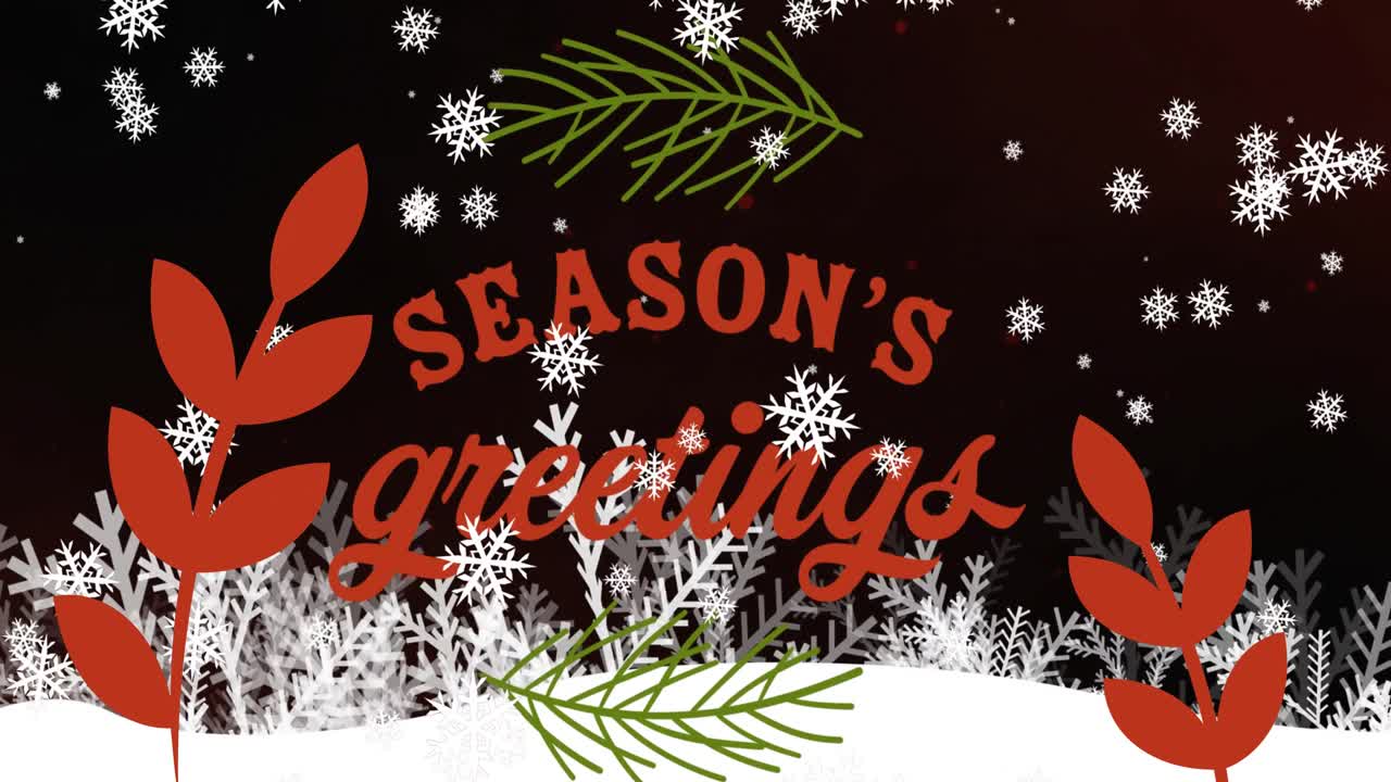 Animation af teksten 'Glædelig jul' over faldende sne og vinterlandskab til jul