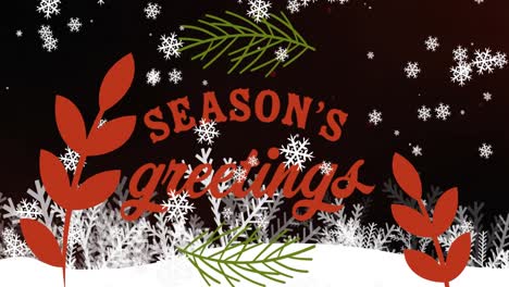 Animation-of-season's-greetings-text-over-snow-falling-and-winter-landscape-at-christmas