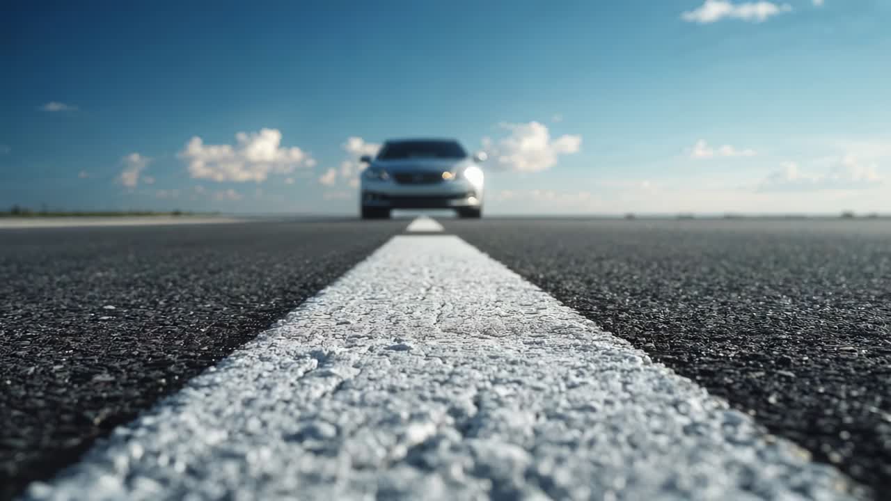 Tracking silver sedan approaching camera along wide paved surface, with white centerline leading