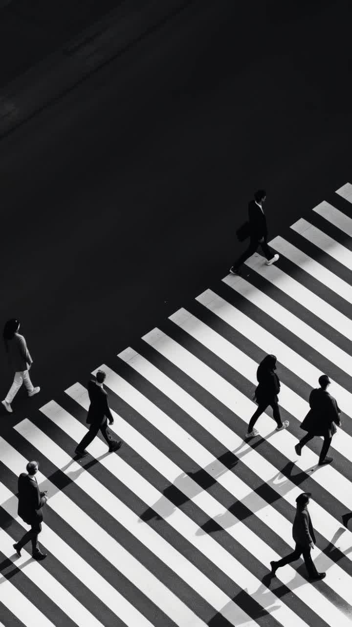Aerial view of people crossing a zebra-striped crosswalk, creating a dynamic, cinematic video-like