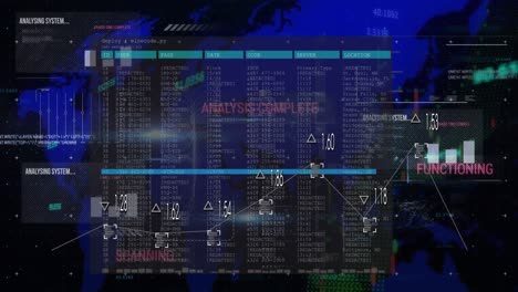 Animation-of-viewfinder-on-graph-with-numbers-over-texts-and-digits-against-map-on-black-background