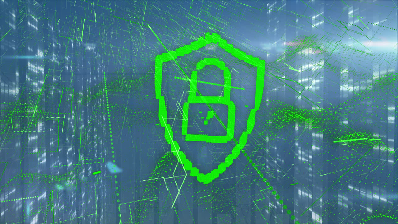 추상적인 배경에 이동하는 방패와 선을 가진 그래픽 락의 디지털 애니메이션