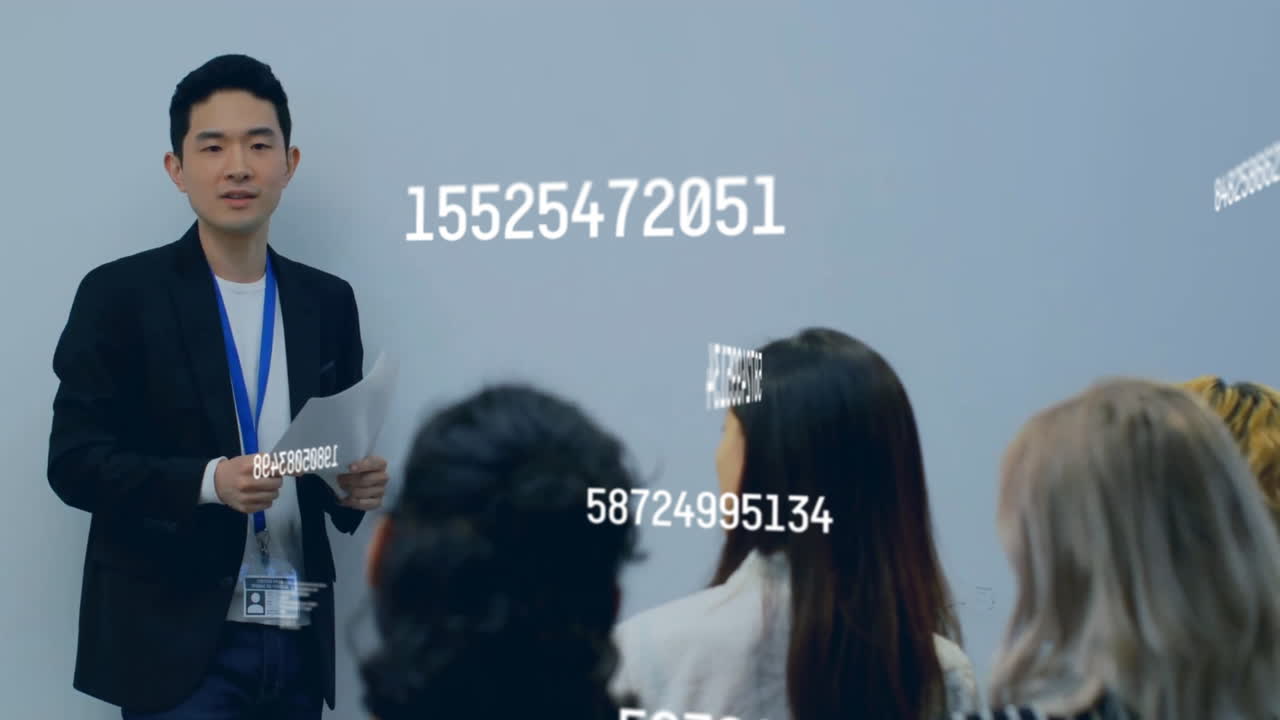 사무실에서 다양한 비즈니스 사람들에 대한 숫자 및 데이터 처리의 애니메이션