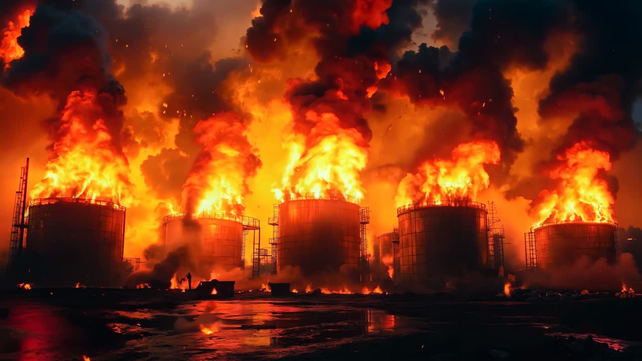 un gran grupo de tanques de petróleo en llamas en un campo petrolífero