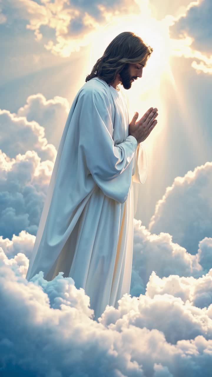 A serene video concept of a figure in white robes praying amidst clouds, captured from a side angle