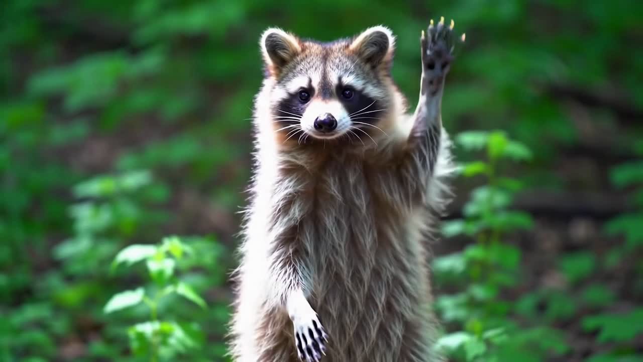 Adorable Raccoon Standing on Hind Legs and Waving a Paw in the Forest